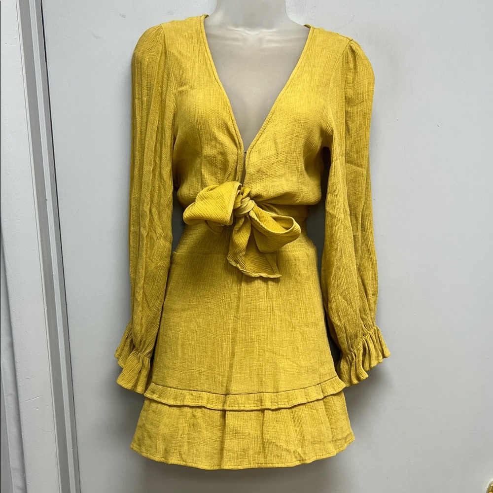 Entro Mustard Yellow Long Sleeve Tie-Front Mini Dress | Size M
